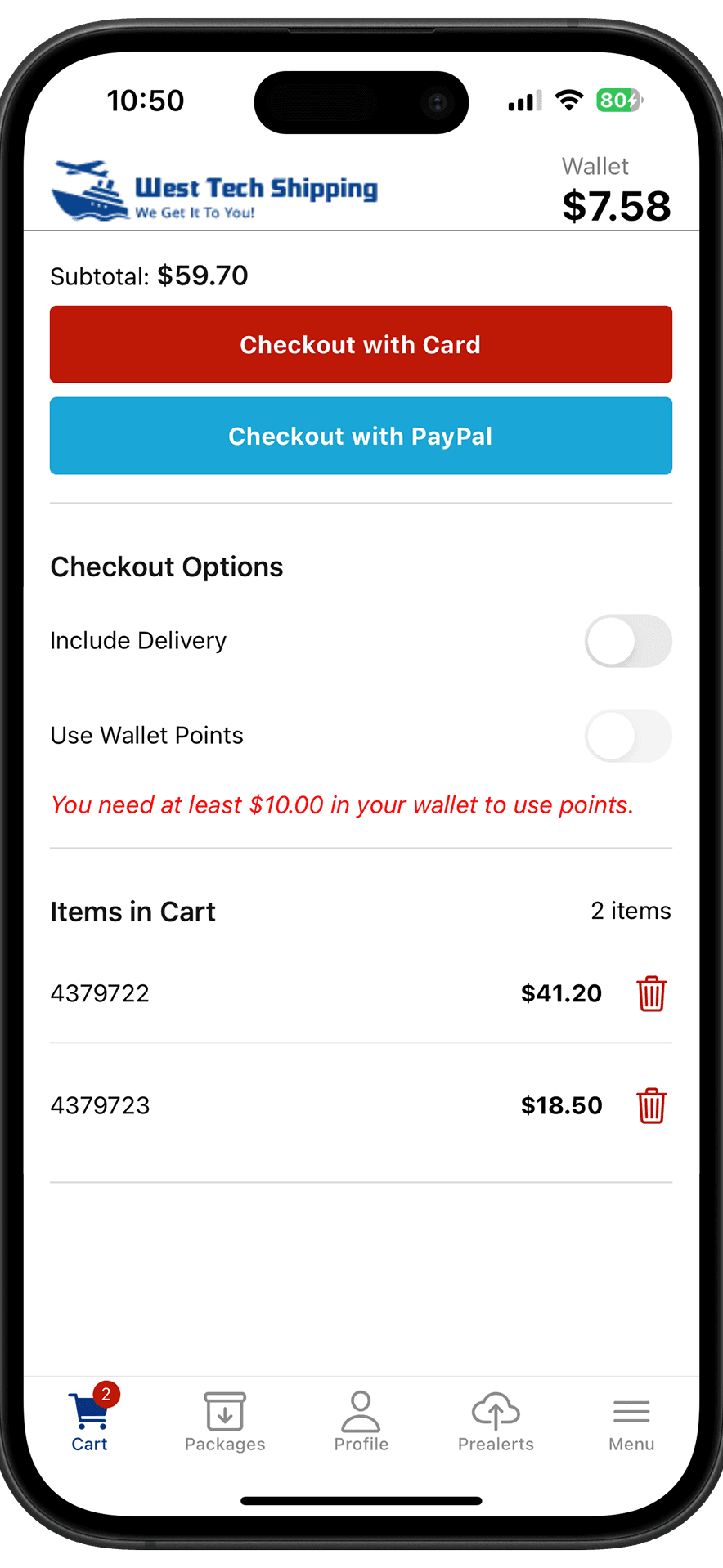 Paying for a shipment in the West Tech app