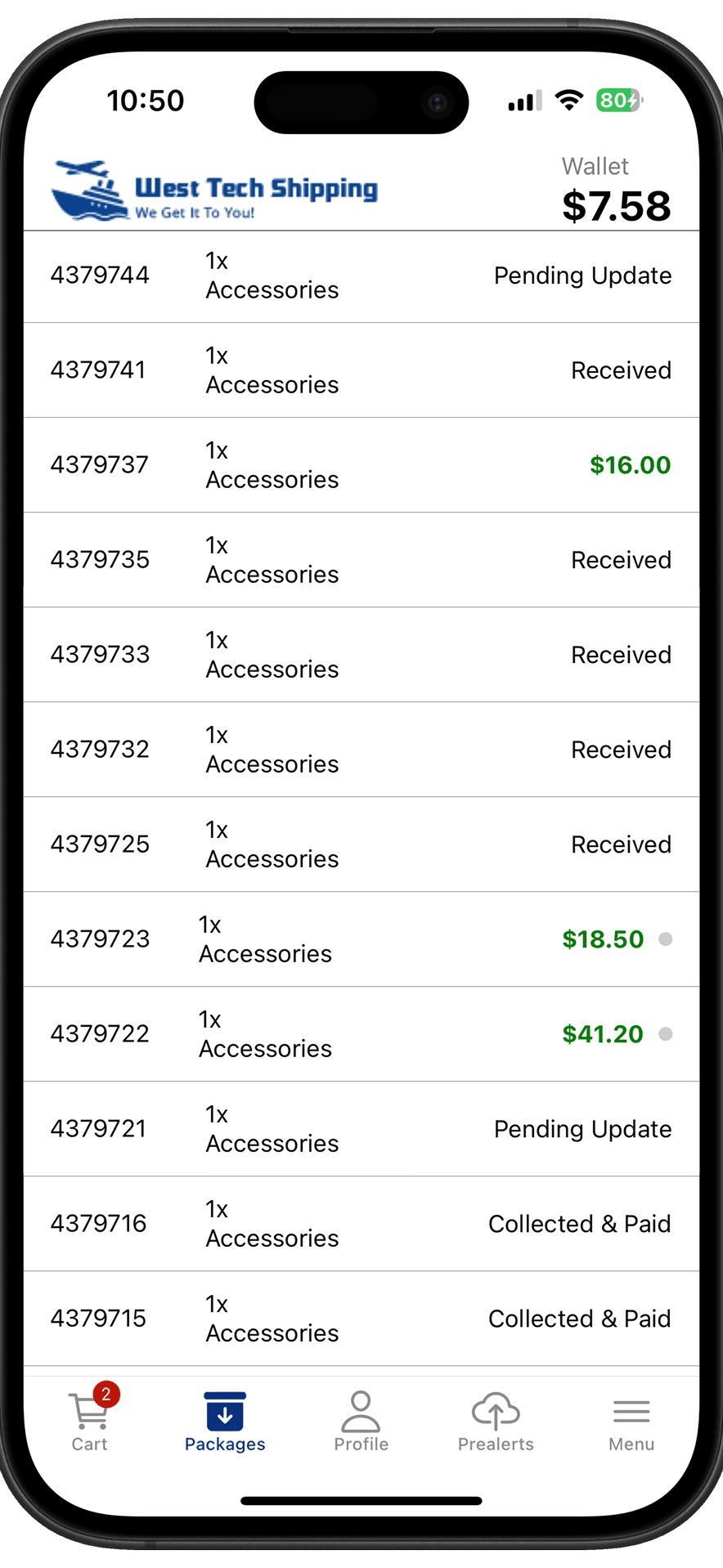 The West Tech app showing a package list with live statuses and wallet balance