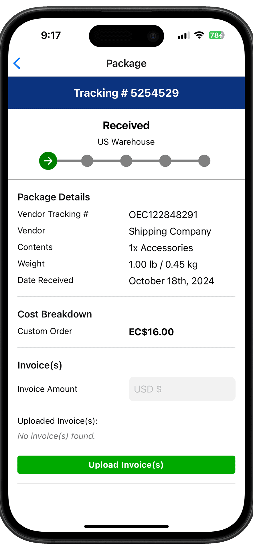 A package in the West Tech app showing its tracking timeline and charge breakdown